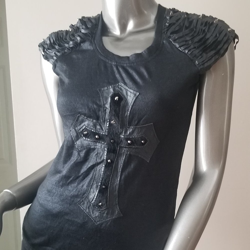 Faux Leather Cross Black T - with free gift